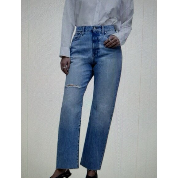 Madewell The'90s Straight Jean in Revoir Wash Ripped Cowboy Crease Blue Size 25 - Picture 1 of 16